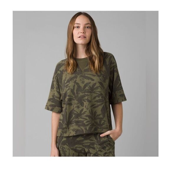 PrAna Cozy Up Sunfair Top Cargo Palms Olive Green Hemp Tencel Blend Sustainable - Picture 1 of 11